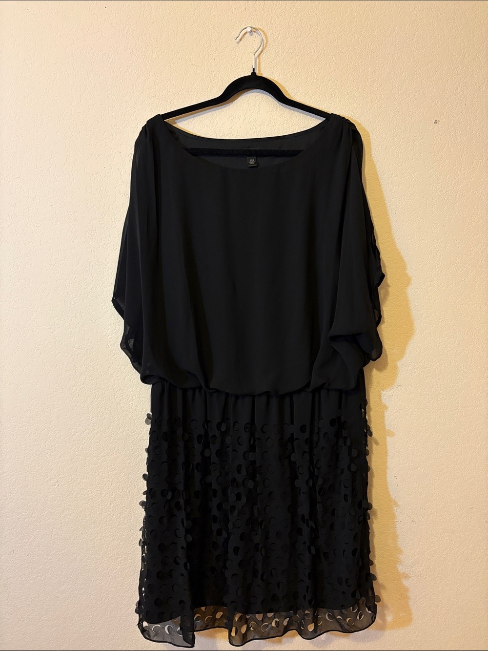 SL Fashions Black Mini Cocktail Dress with Textured Dot Skirt - Size 20W